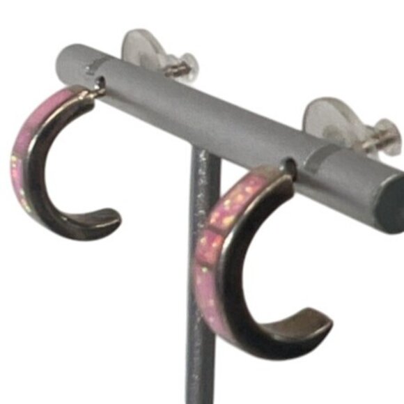 Vtg 90s Silver Pink Lab Opal Inlay Hoop Earrings 925 Huggies Southwestern Artisa - Picture 2 of 9